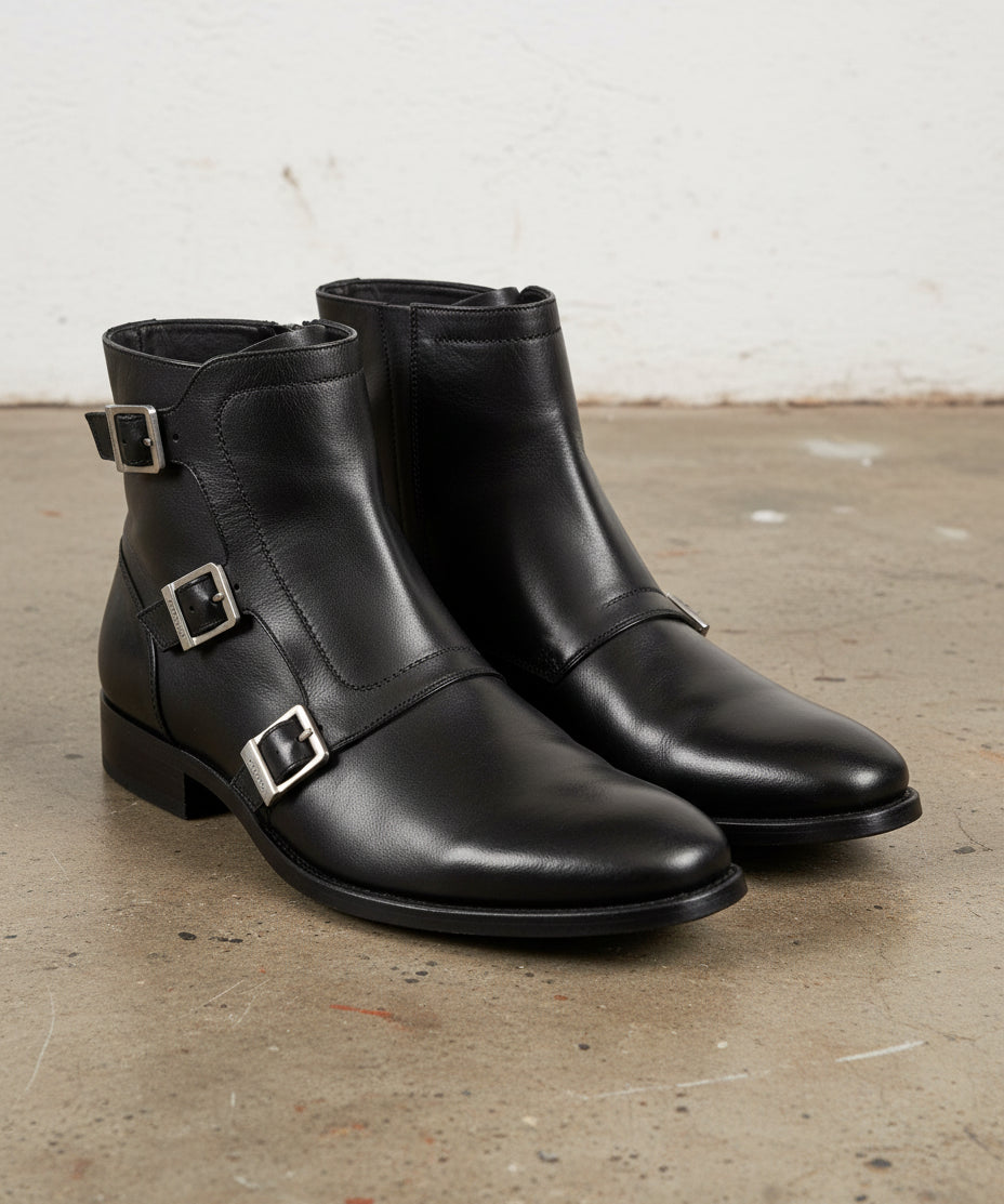 Handmade Men Triple Buckle Ankle Leather Boots, Monk Boots, Boots