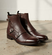 Handmade Men Triple Monk Dress Boot, Brown Ankle Boot, Leather Boot