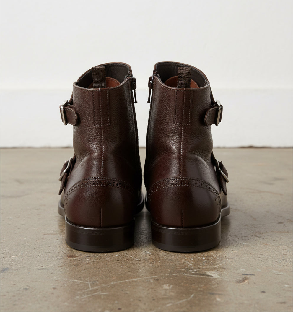 Handmade Men Triple Monk Dress Boot, Brown Ankle Boot, Leather Boot