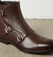 Handmade Men Triple Monk Dress Boot, Brown Ankle Boot, Leather Boot