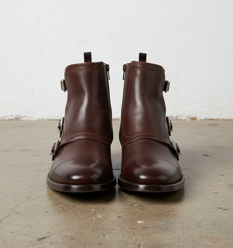 Handmade Men Triple Monk Dress Boot, Brown Ankle Boot, Leather Boot