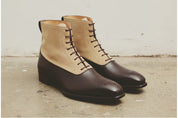 Handmade Men Two Tone Ankle Boots, Brown And Beige Suede Lace Up Boots