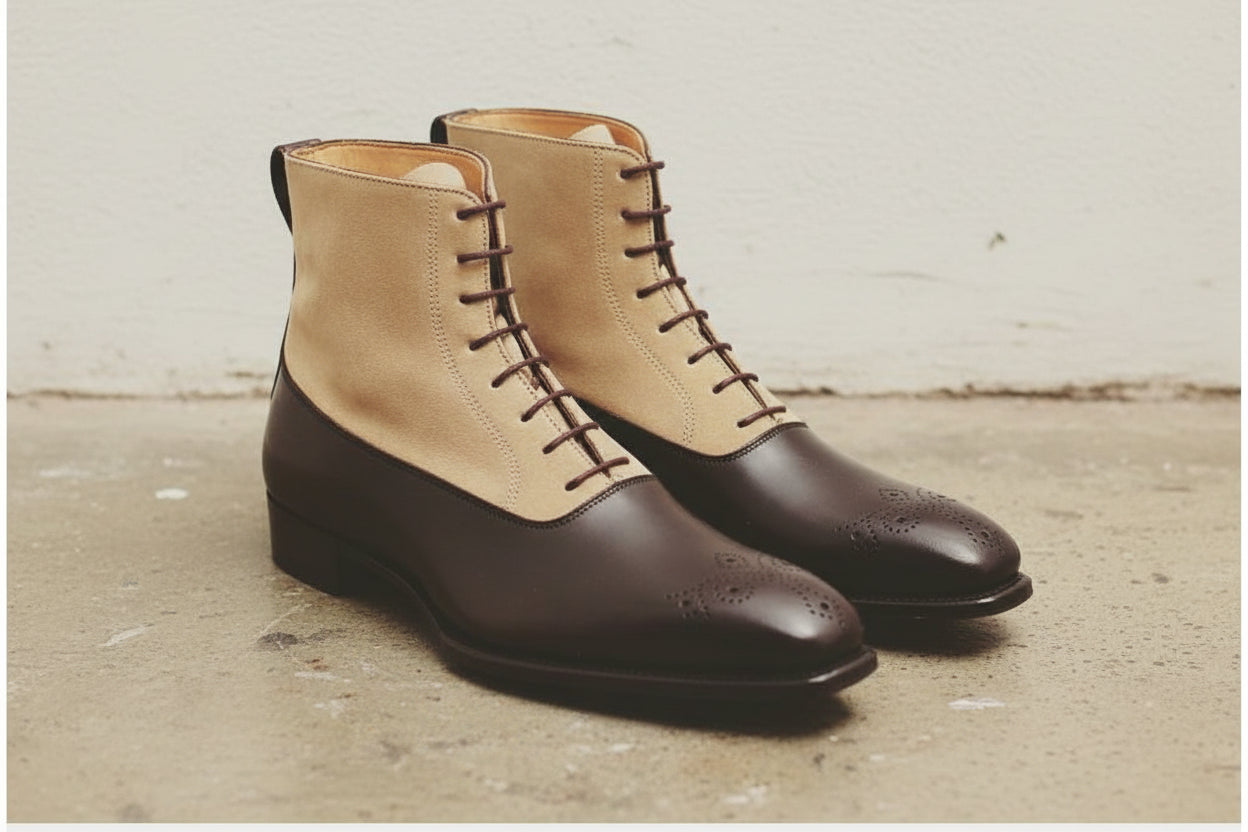 Handmade Men Two Tone Ankle Boots, Brown And Beige Suede Lace Up Boots