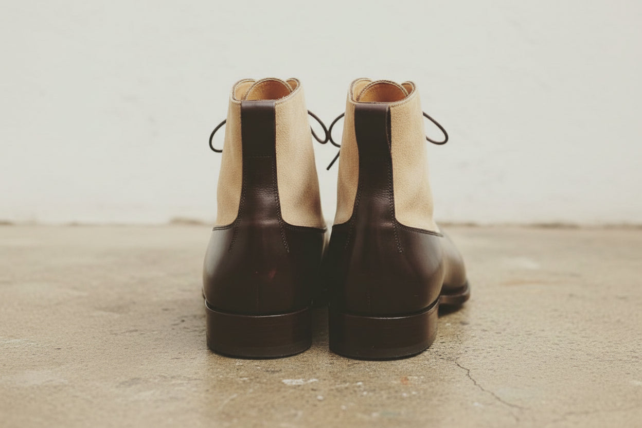 Handmade Men Two Tone Ankle Boots, Brown And Beige Suede Lace Up Boots