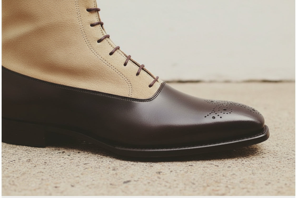 Handmade Men Two Tone Ankle Boots, Brown And Beige Suede Lace Up Boots