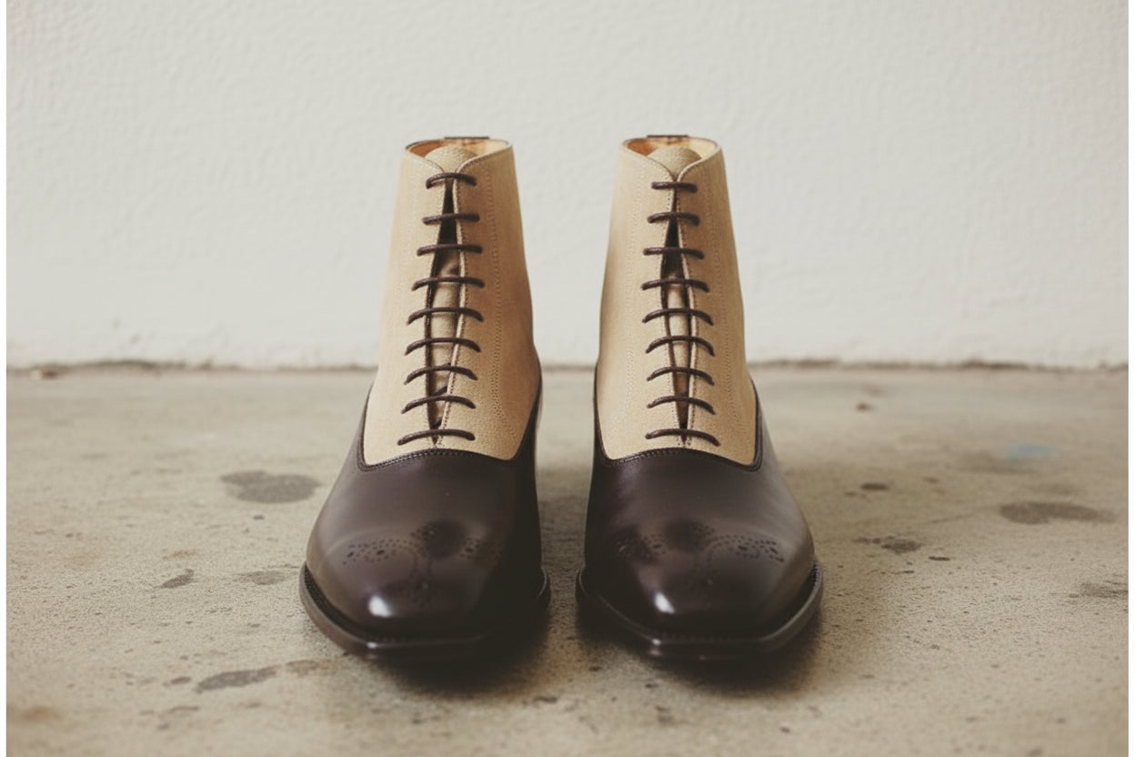 Handmade Men Two Tone Ankle Boots, Brown And Beige Suede Lace Up Boots