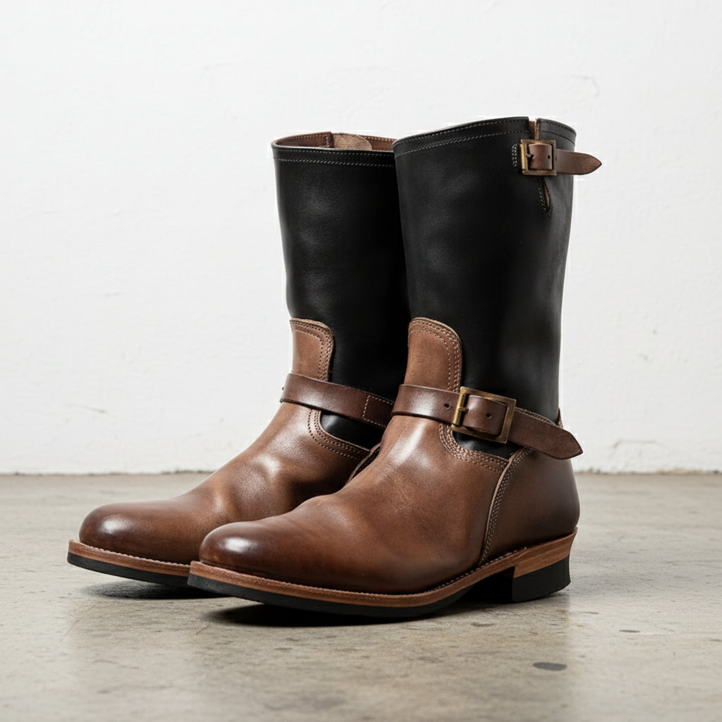 Handmade Men two tone biker boots, Men tan and black motorcycle boot - 3-4-right-view