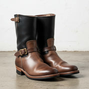 Handmade Men two tone biker boots, Men tan and black motorcycle boot - angle-view-showing-depth