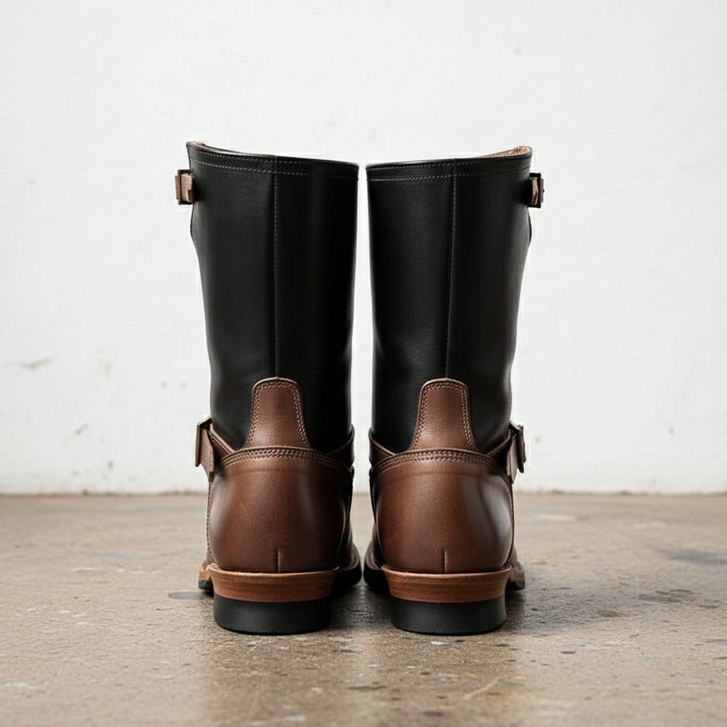 Handmade Men two tone biker boots, Men tan and black motorcycle boot - back-view