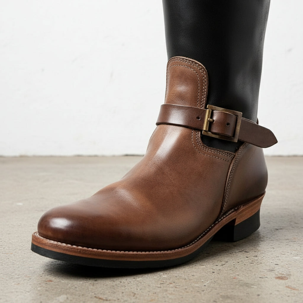 Handmade Men two tone biker boots, Men tan and black motorcycle boot - detail-view-showing-texture