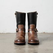 Handmade Men two tone biker boots, Men tan and black motorcycle boot - front-view