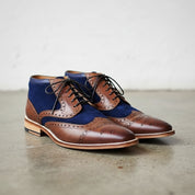Handmade Men Two Tone Boot, Blue And Brown Ankle Boot, Mens Casual Boot