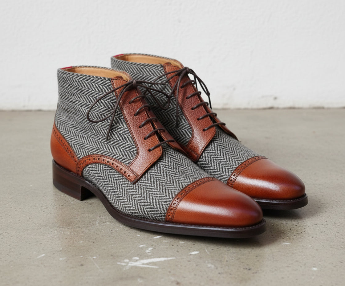 Handmade Men Two Tone Boots, Brown And Gray Boots, Ankle Boots For Mens