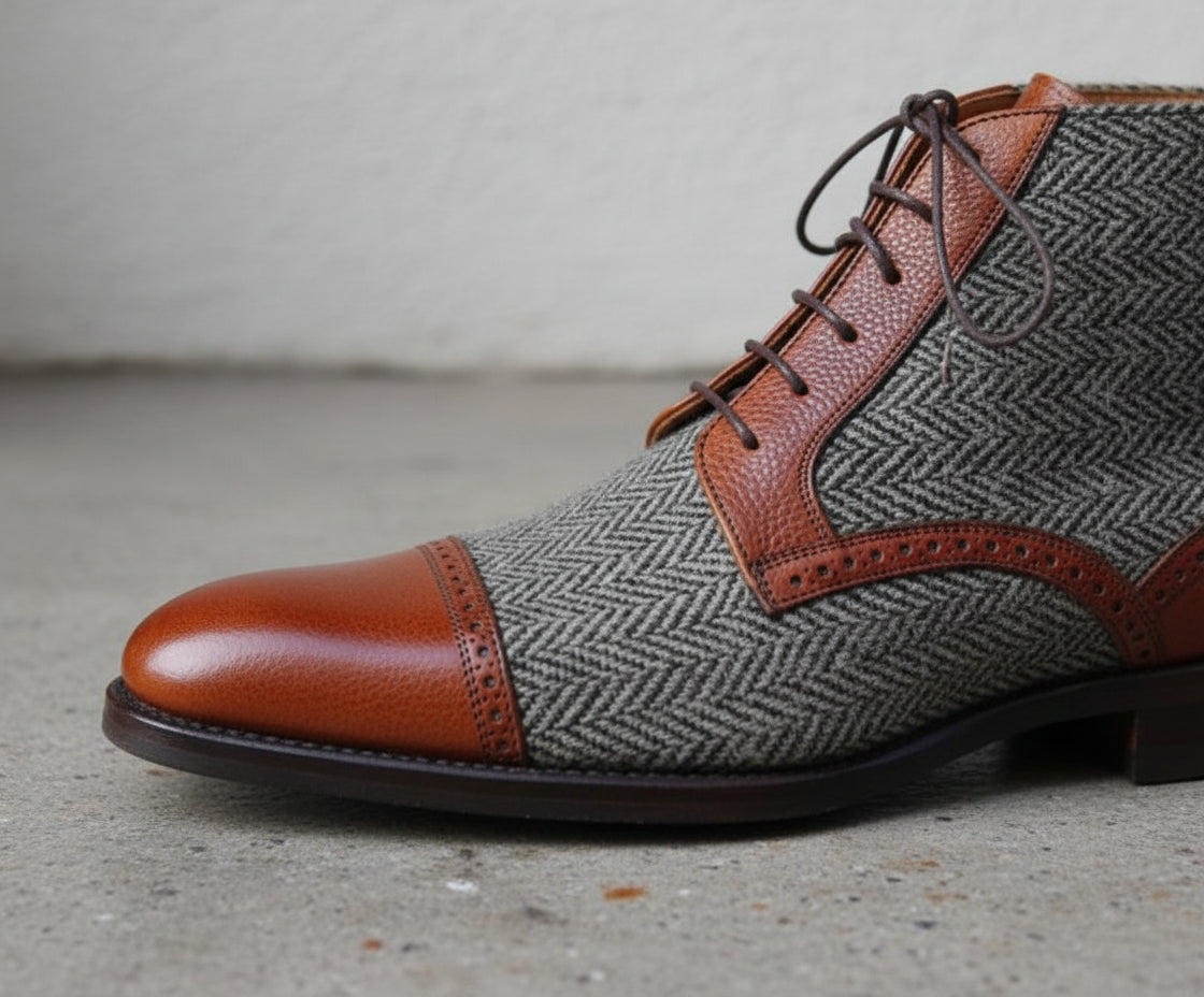 Handmade Men Two Tone Boots, Brown And Gray Boots, Ankle Boots For Mens