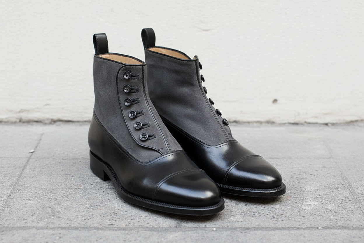 Handmade Men Two Tone Button Boot, Black And Gray Ankle Boots, Boot - angle-view-showing-depth