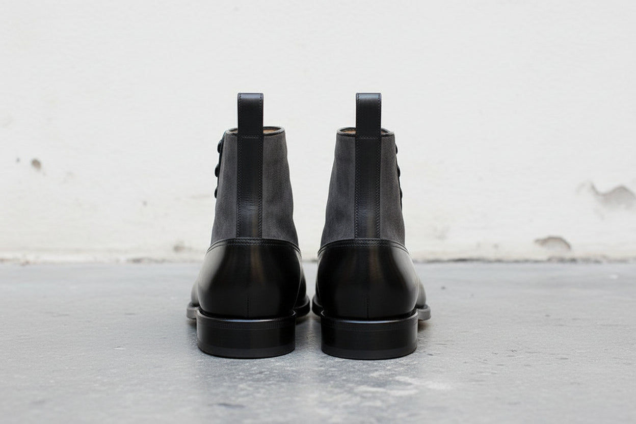 Handmade Men Two Tone Button Boot, Black And Gray Ankle Boots, Boot - back-view