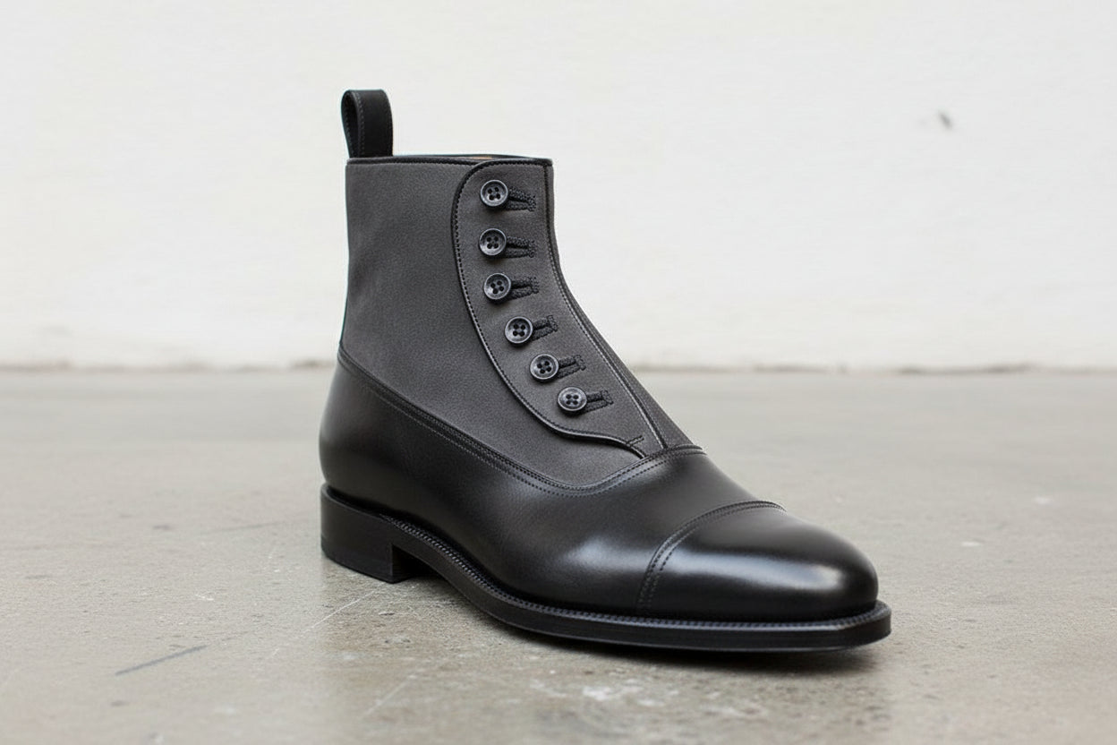 Handmade Men Two Tone Button Boot, Black And Gray Ankle Boots, Boot - detail-view-showing-texture