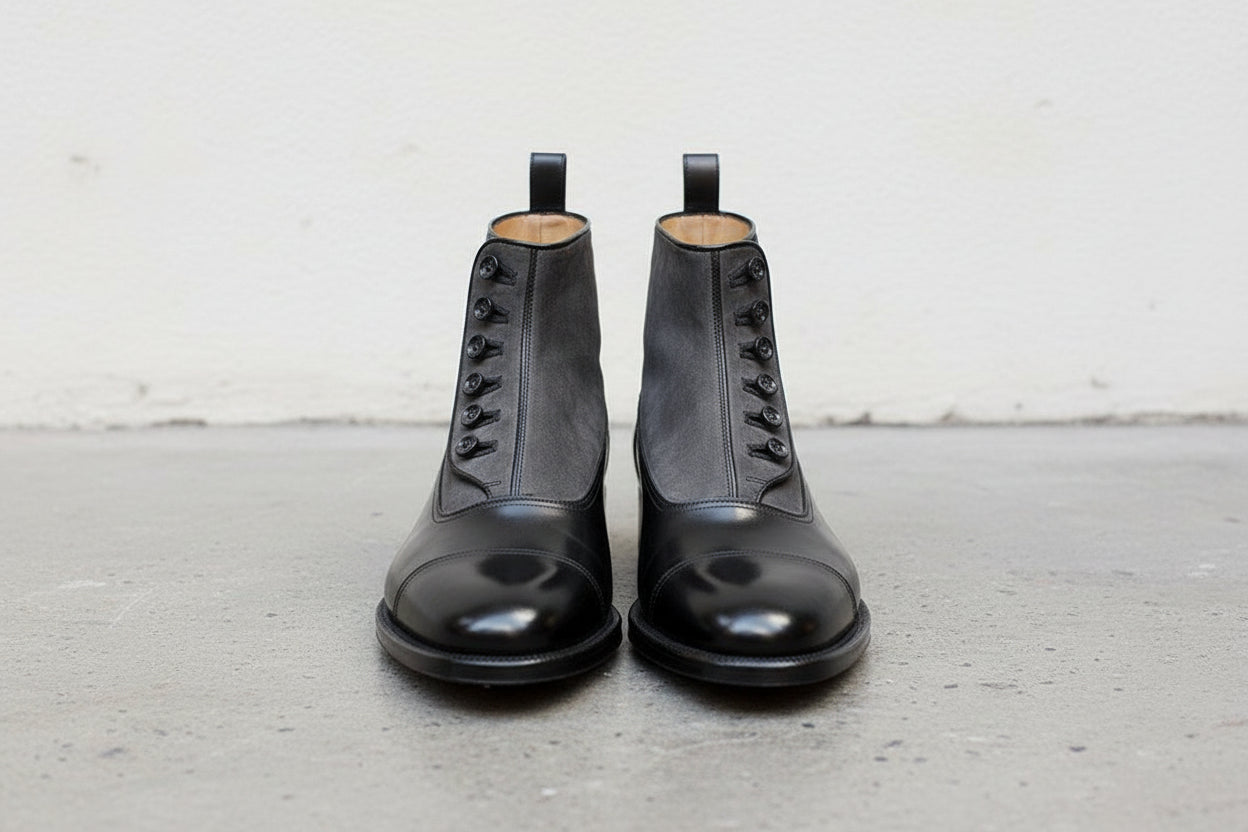 Handmade Men Two Tone Button Boot, Black And Gray Ankle Boots, Boot - front-view