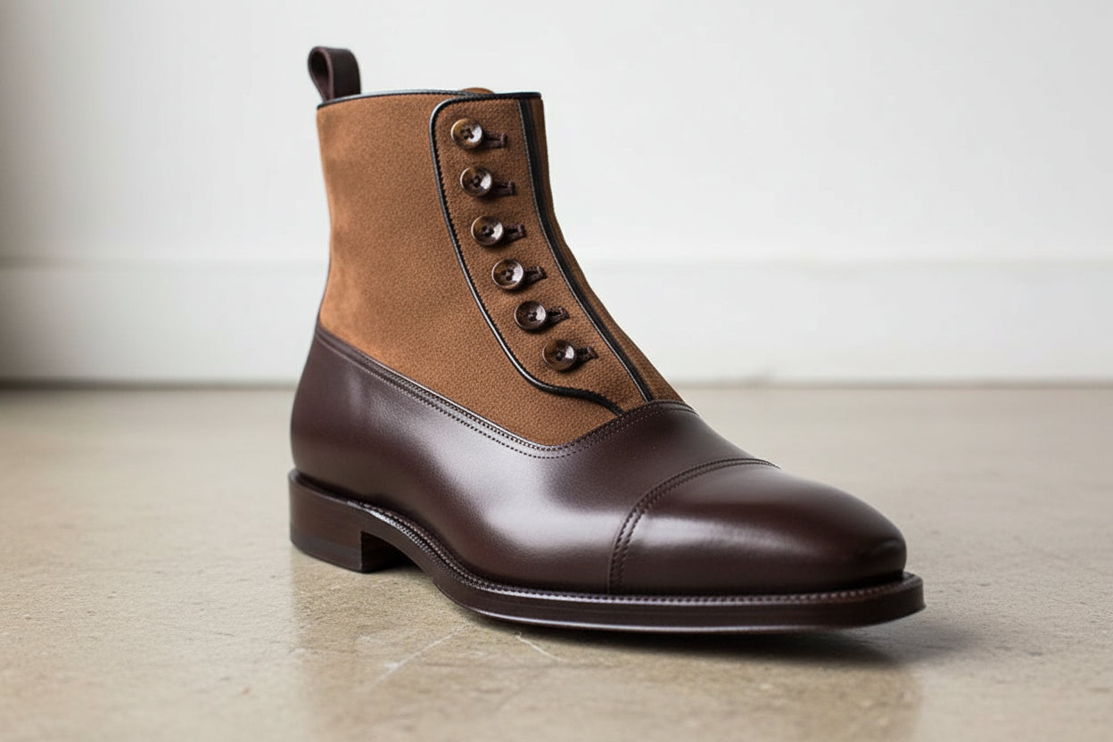 Handmade Men Two Tone Button Boot, Brown Ankle Boots, Formal Boot - detail-view-showing-texture