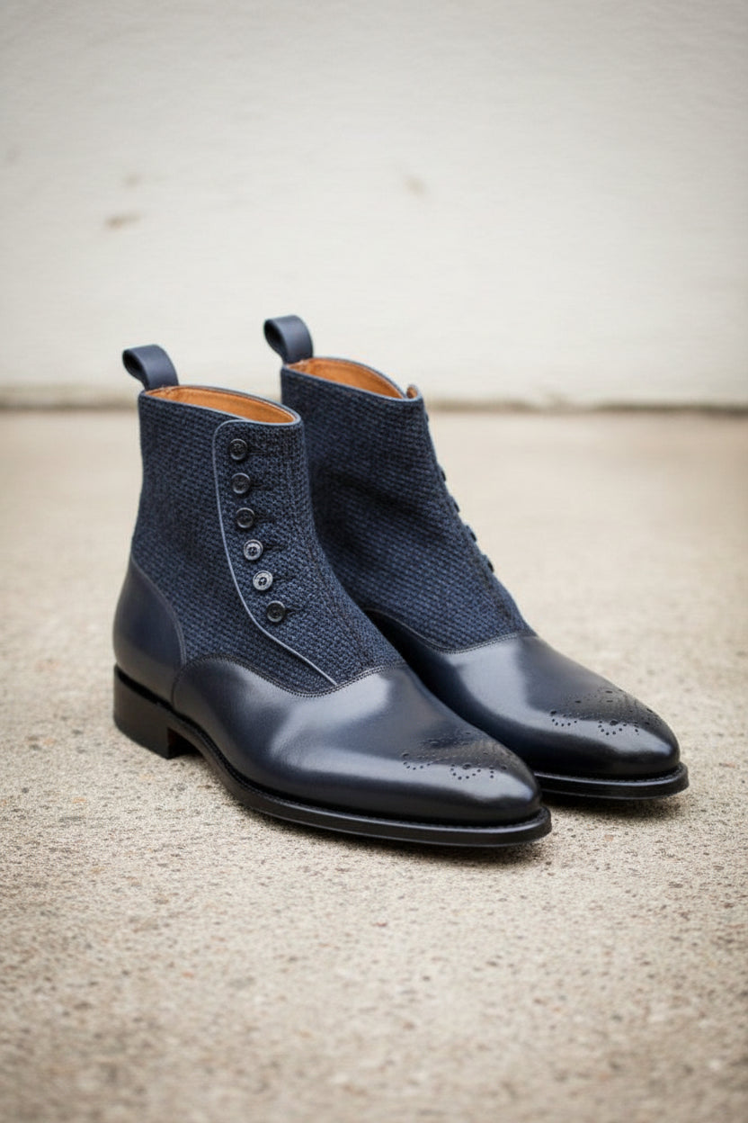 Handmade Men Two Tone Button Boot, Navy And Black Boot, Formal Boot