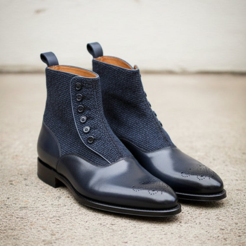 Handmade Men Two Tone Button Boot, Navy And Black Boot, Formal Boot