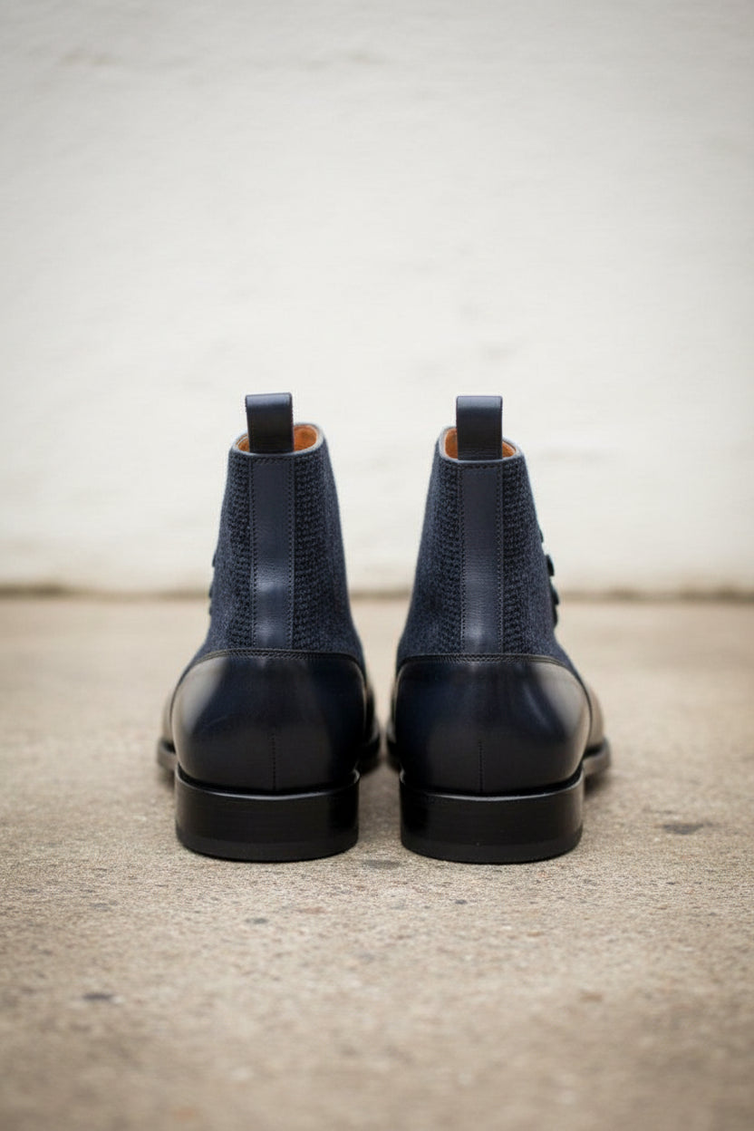 Handmade Men Two Tone Button Boot, Navy And Black Boot, Formal Boot