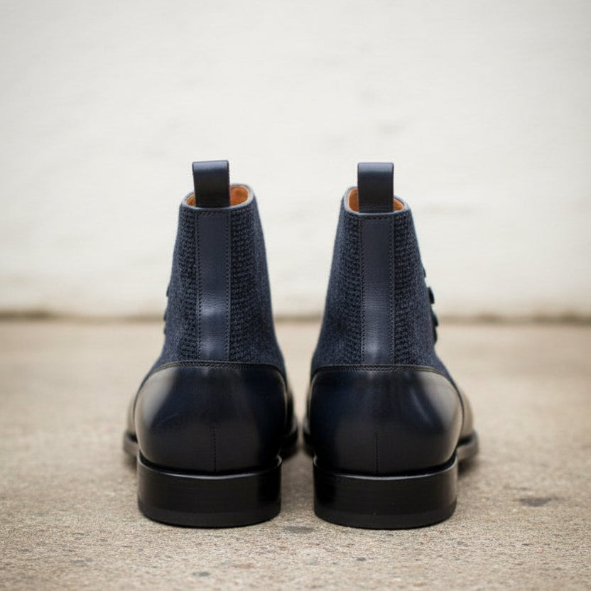 Handmade Men Two Tone Button Boot, Navy And Black Boot, Formal Boot