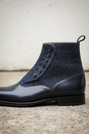 Handmade Men Two Tone Button Boot, Navy And Black Boot, Formal Boot