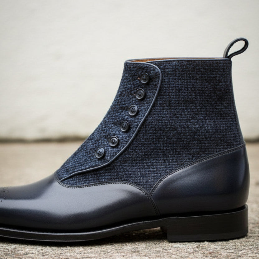 Handmade Men Two Tone Button Boot, Navy And Black Boot, Formal Boot