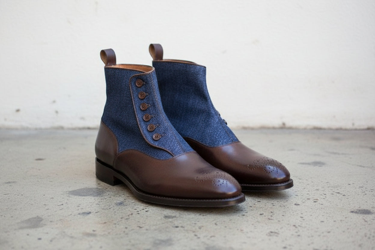 Handmade Men Two Tone Button Boots, Leather And Denim Button Boots