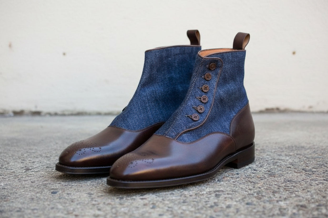Handmade Men Two Tone Button Boots, Leather And Denim Button Boots