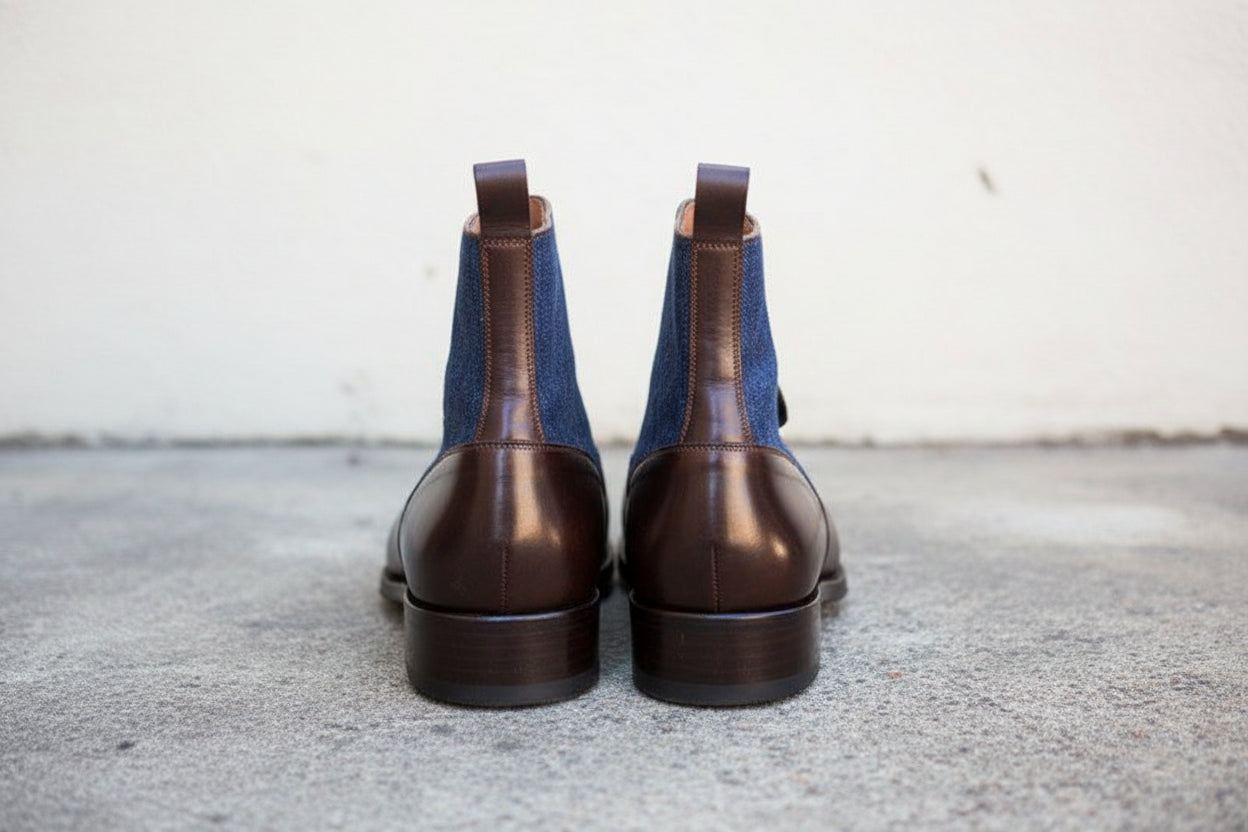 Handmade Men Two Tone Button Boots, Leather And Denim Button Boots