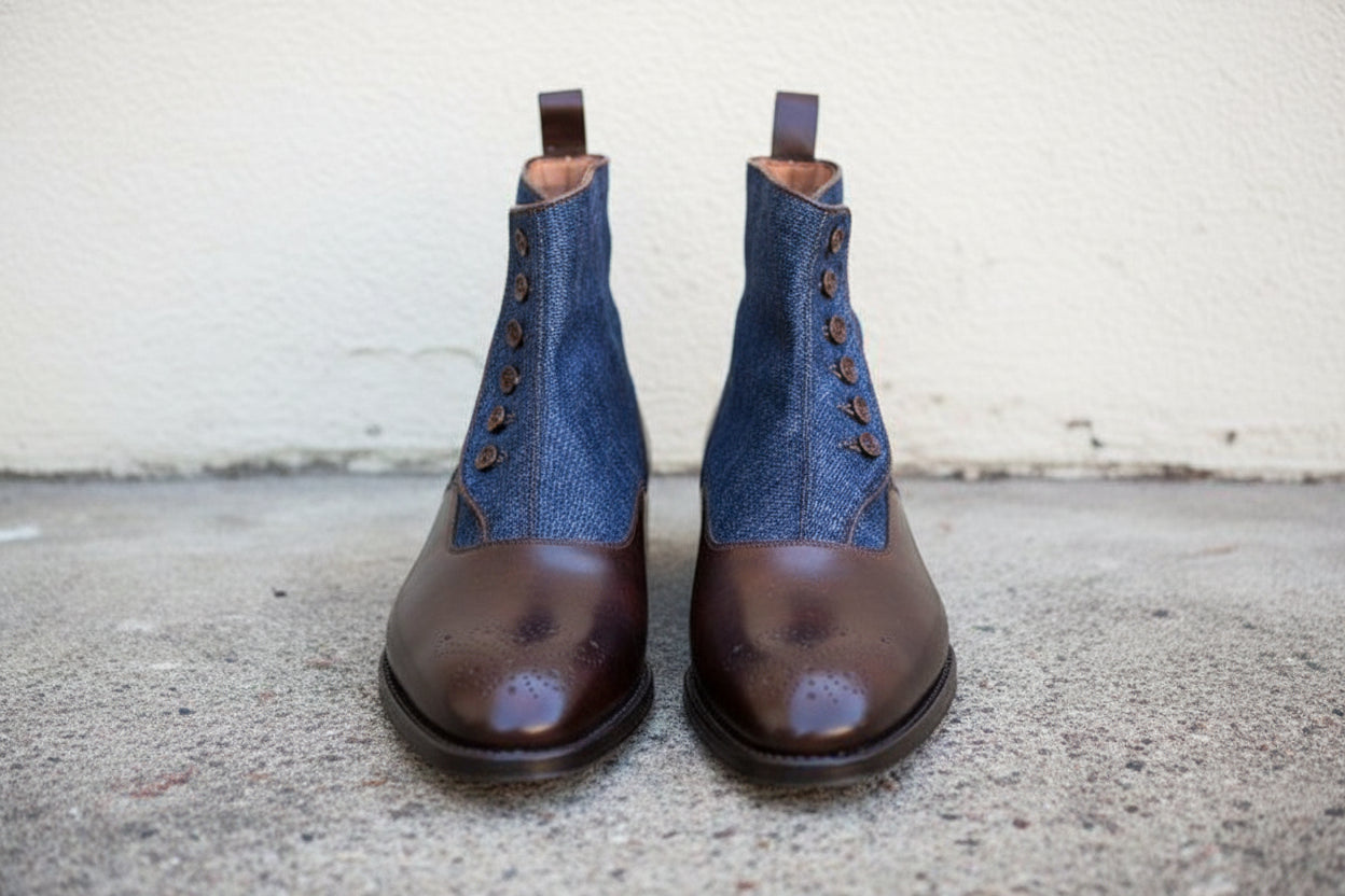 Handmade Men Two Tone Button Boots, Leather And Denim Button Boots