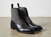 Handmade Men Two Tone Cap Toe Boots, Black And Gray Ankle Lace Up Boots
