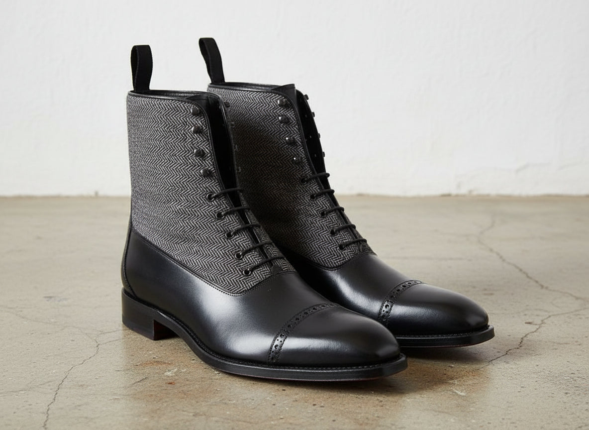 Handmade Men Two Tone Cap Toe Boots, Black And Gray Ankle Lace Up Boots