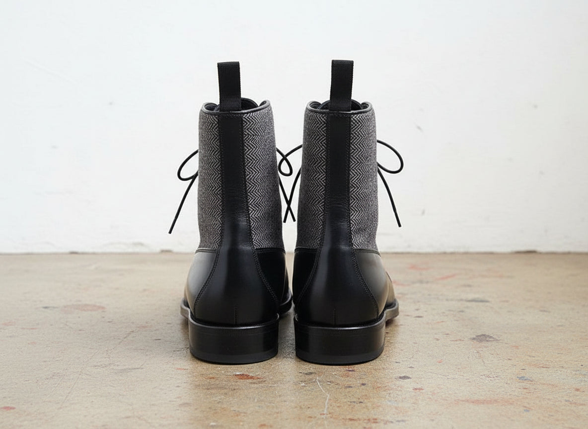 Handmade Men Two Tone Cap Toe Boots, Black And Gray Ankle Lace Up Boots