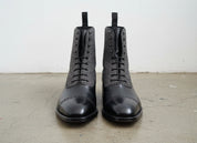 Handmade Men Two Tone Cap Toe Boots, Black And Gray Ankle Lace Up Boots