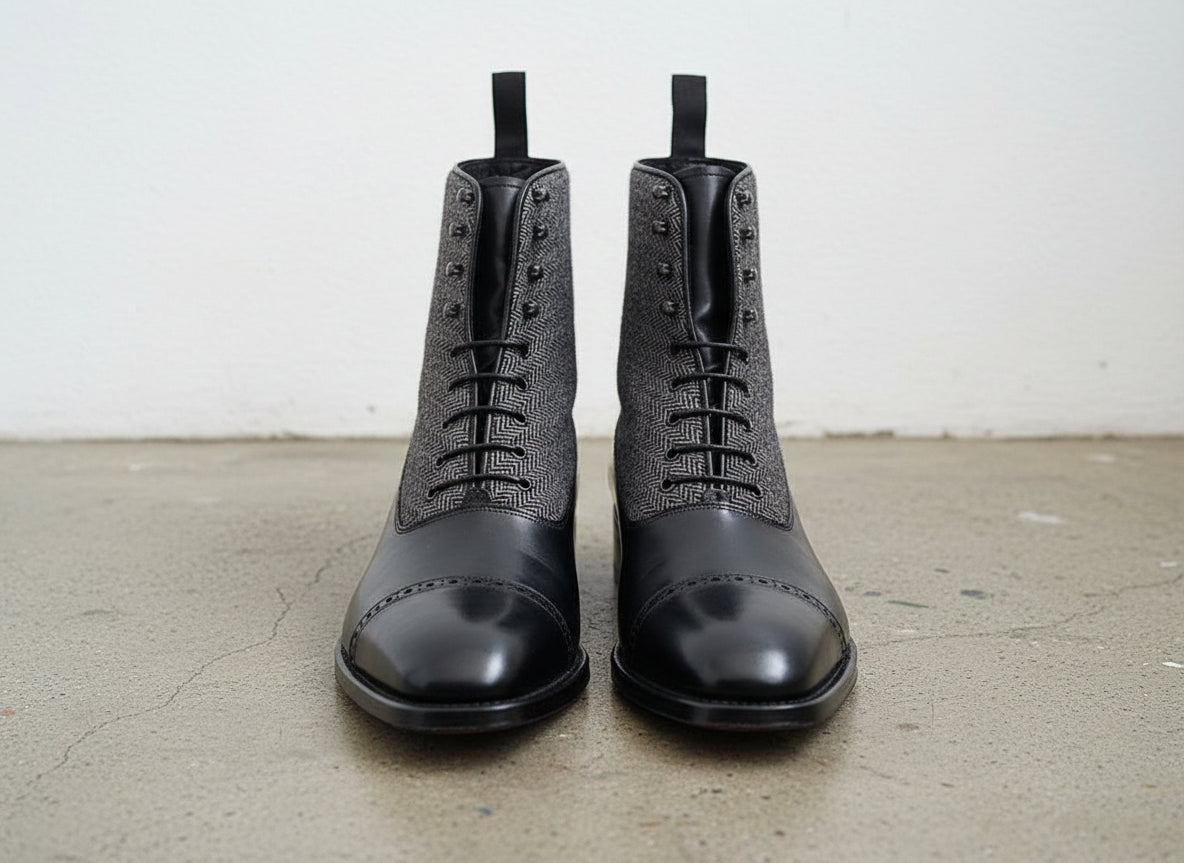 Handmade Men Two Tone Cap Toe Boots, Black And Gray Ankle Lace Up Boots