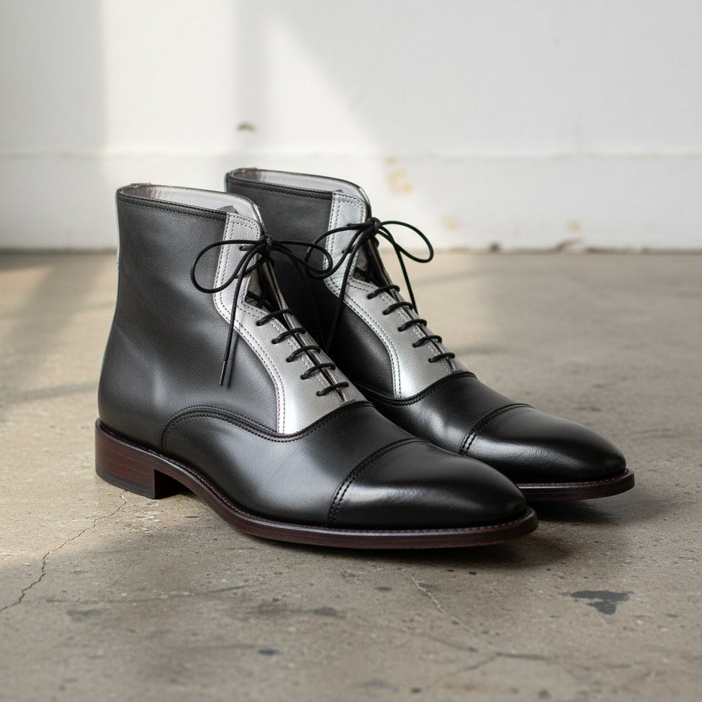 Handmade Men Two Tone Cap Toe Lace Up Boot, Black And White Ankle Boots