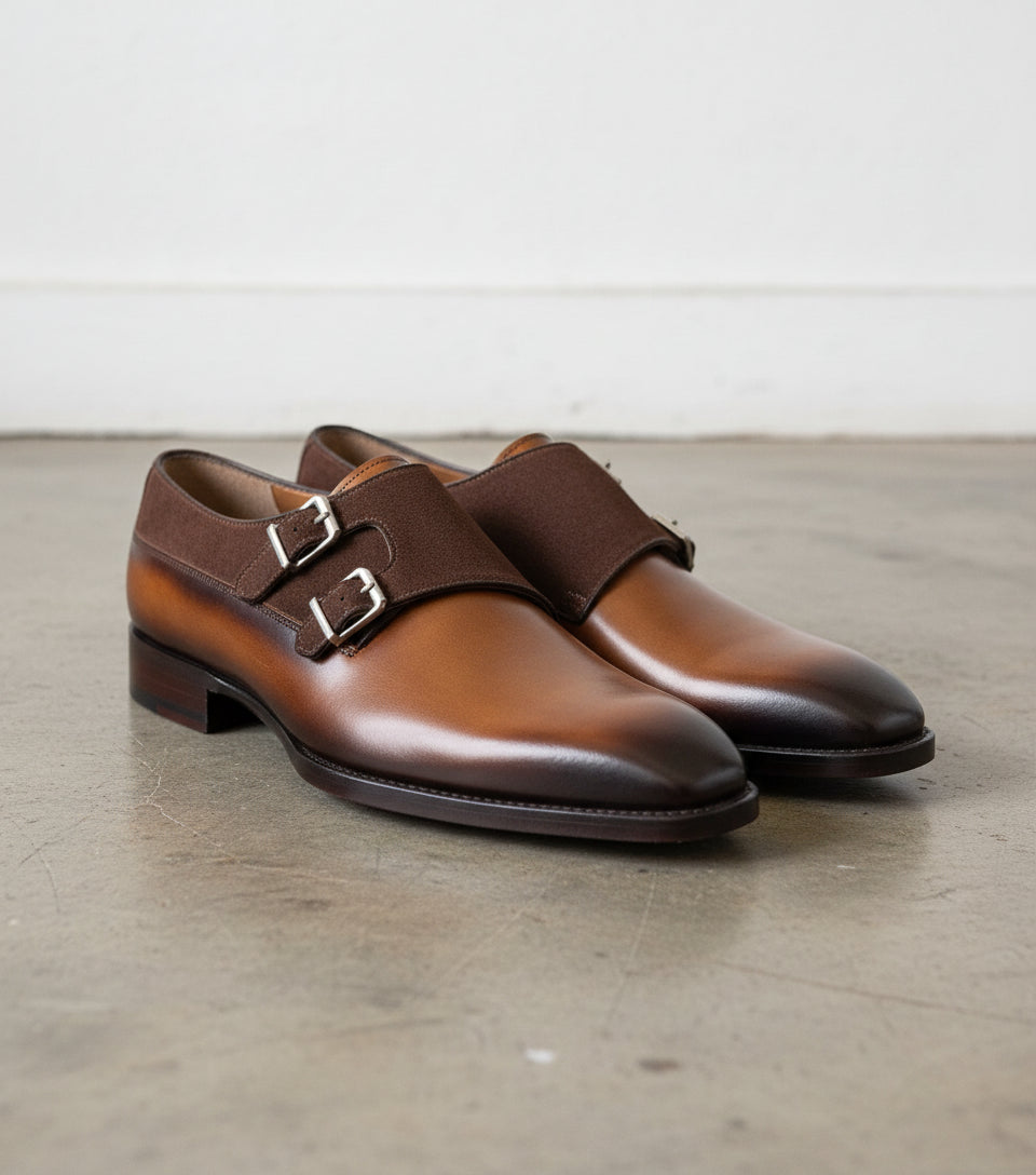 Handmade Men two tone double monk dress shoes, Men leather formal shoes - 3-4-right-view