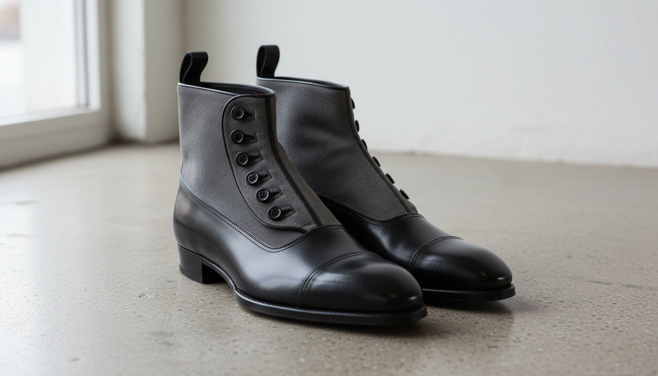 Handmade Men Two Tone Formal Boot, Button Up Boot, Cap Toe Ankle Boot - angle-view-showing-depth