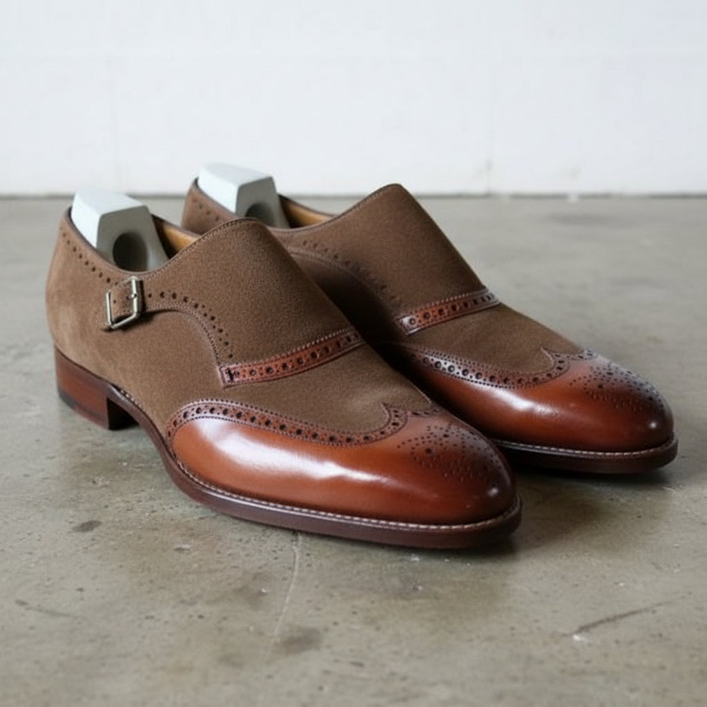 Men's Brown and Tan Wingtip Leather Monk Strap Shoes — Corley US 8 / D