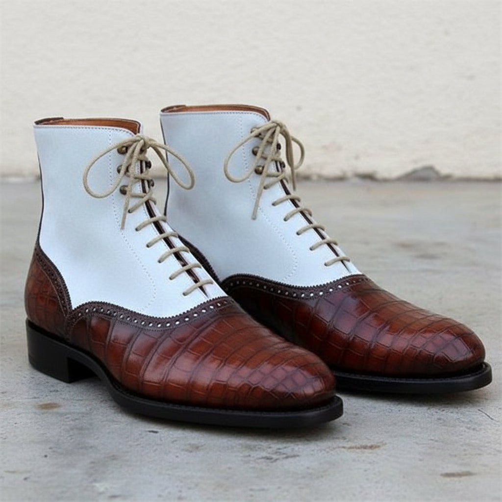 Handmade Men Two Tone High Ankle Boots, Alligator Ankle Boots, Boot - angle-view-showing-depth