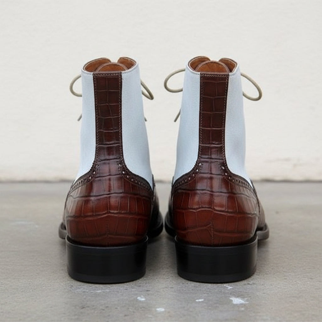 Handmade Men Two Tone High Ankle Boots, Alligator Ankle Boots, Boot - back-view