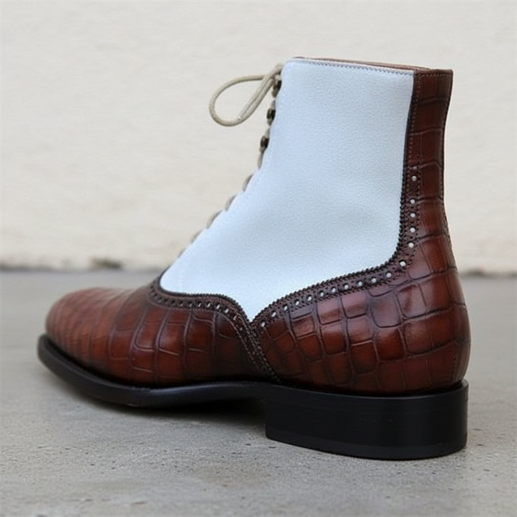 Handmade Men Two Tone High Ankle Boots, Alligator Ankle Boots, Boot - detail-view-showing-texture