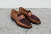 Handmade Men two tone leather moccasins, Men suede and leather Penny Loafer - angle-view-showing-depth