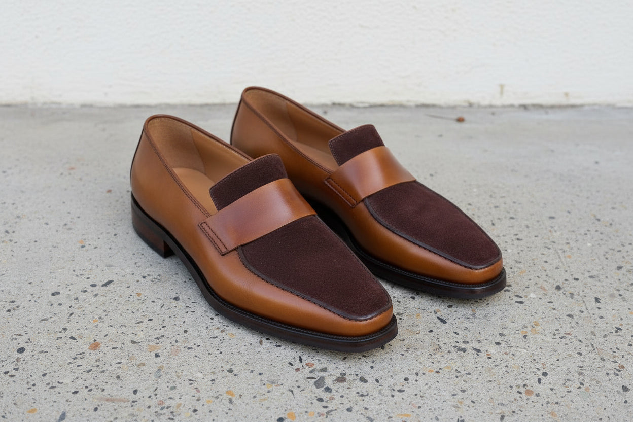 Handmade Men two tone leather moccasins, Men suede and leather Penny Loafer - angle-view-showing-depth