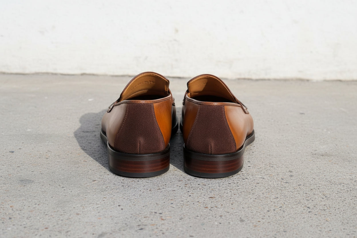 Handmade Men two tone leather moccasins, Men suede and leather Penny Loafer - back-view