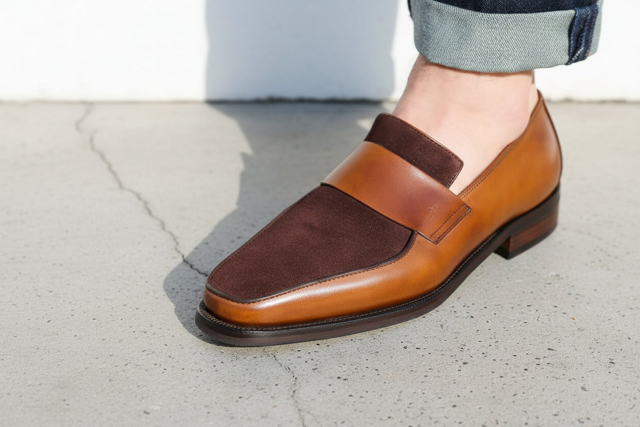 Handmade Men two tone leather moccasins, Men suede and leather Penny Loafer - detail-view-showing-texture
