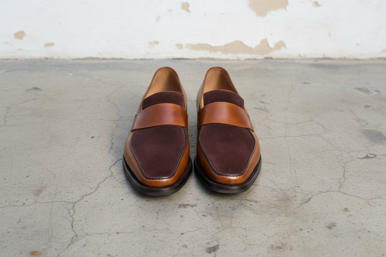 Handmade Men two tone leather moccasins, Men suede and leather Penny Loafer - front-view